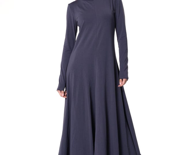 Long Cotton Dress in Gray / Casual Fall Dress / Long Sleeve Dress With Turtleneck METD0246-G