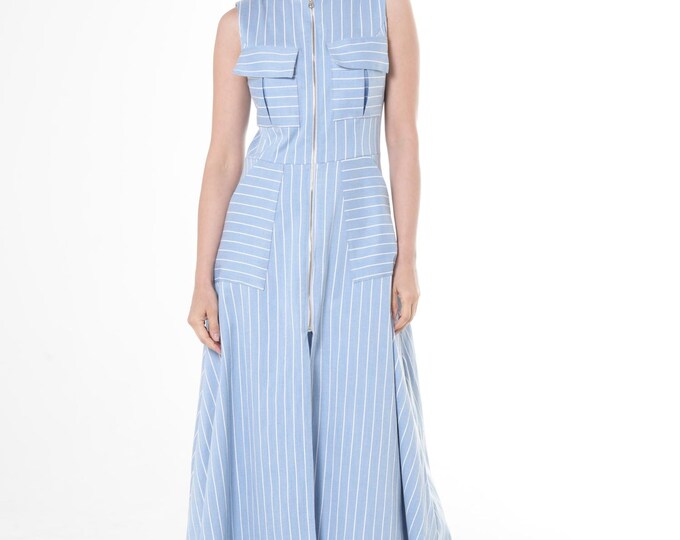 Sleeveless Maxi Dress / Denim Striped Dress In Dark Blue / Long Zipper Vest METD0250_Light