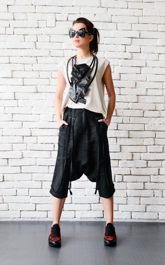 Drop Crotch Linen Pants/loose Summer Pants/beige Ankle Pants