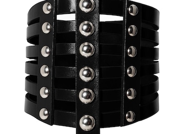 Genuine Leather Bracelet - Black Studded Cuff METBR36