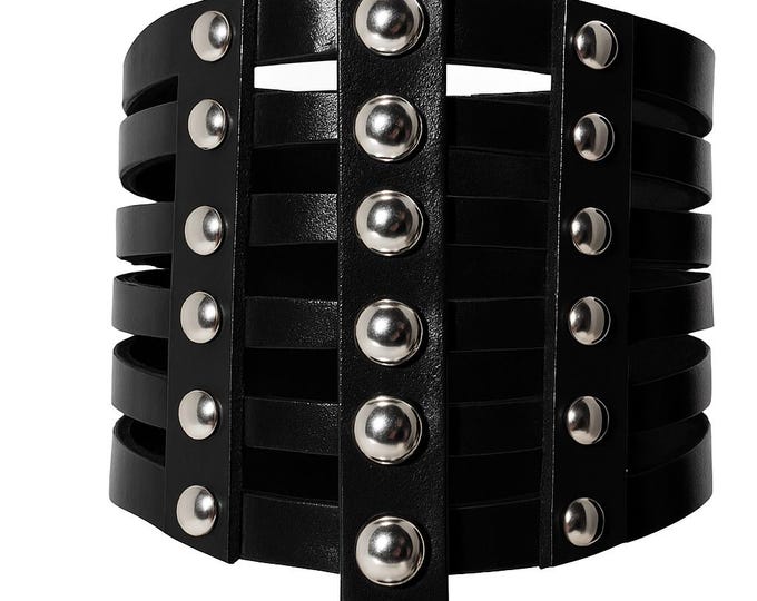 Genuine Leather Bracelet - Black Studded Cuff METBR36