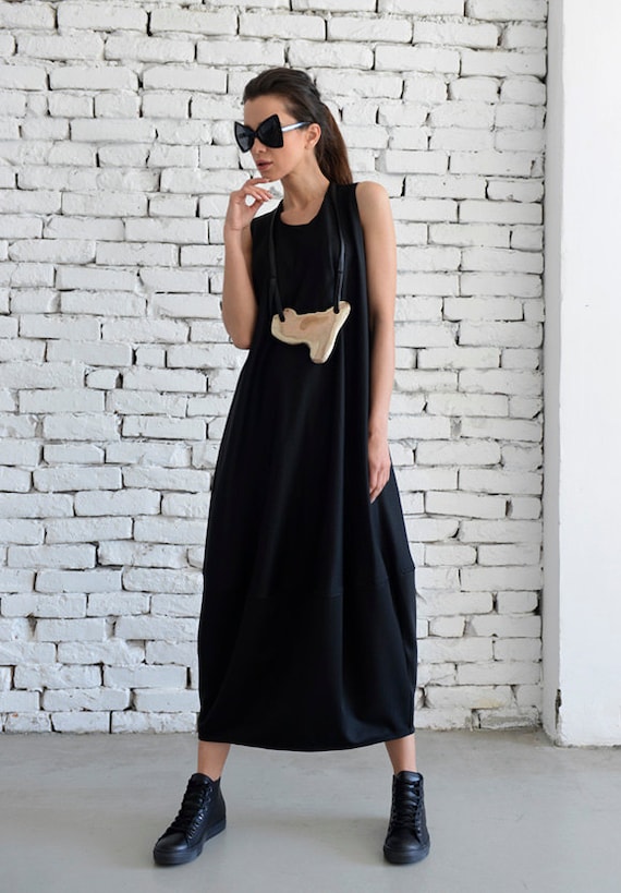 Vestido largo de gran tamano Vestido suelto negro Vestido sin mangas comodo Vestido maxi negro Caftan negro casual Vestido negro de talla grande METD0003 Etsy Mexico