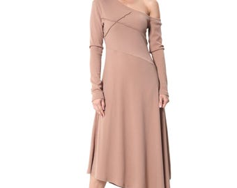 Asymmetric Cold Shoulder Dress: Beige Jersey Knit METD0245