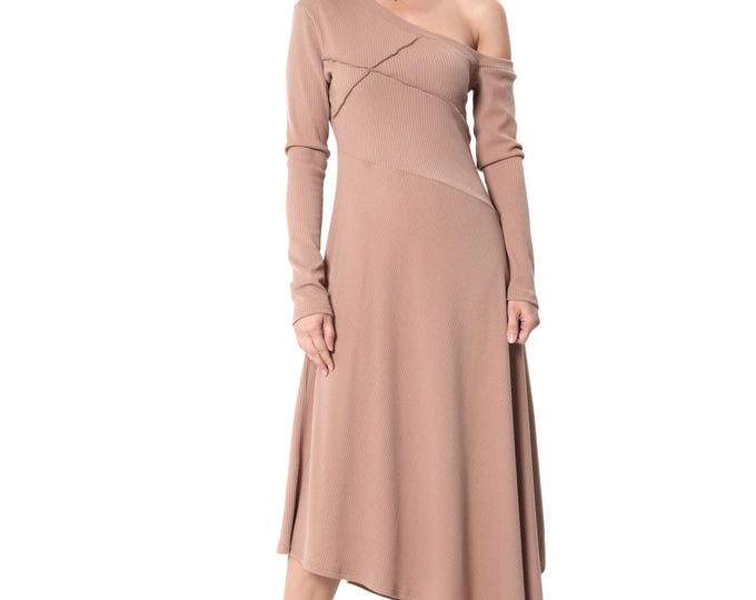 Cold Shoulder Asymmetric Dress In Beige/ Elegant Beige Dress METD0245