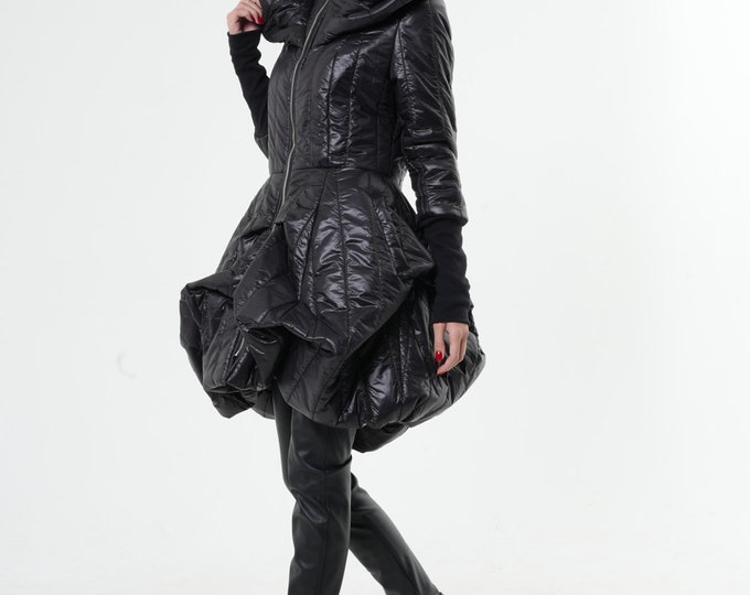 Extravagant Long Puffy Coat / Warm Shiny Jacket / Large Collar Black Coat / Handmade / Black Puffer Jacket / Woman Winter Coat