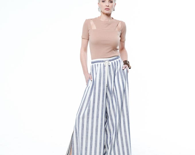 Striped Wide-Leg Linen Pants / Loose Summer Trousers METWB018