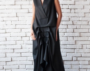 Black Maxi Dress/Asymmetric Sleeveless Kaftan/Long Loose Dress/V Neck Black Dress/Casual Draped Dress/Plus Size Black Dress METD0016
