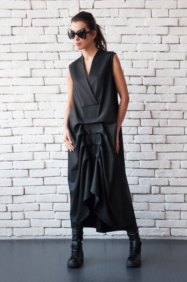 Black Maxi Dress/asymmetric Sleeveless Kaftan/long Loose - Etsy