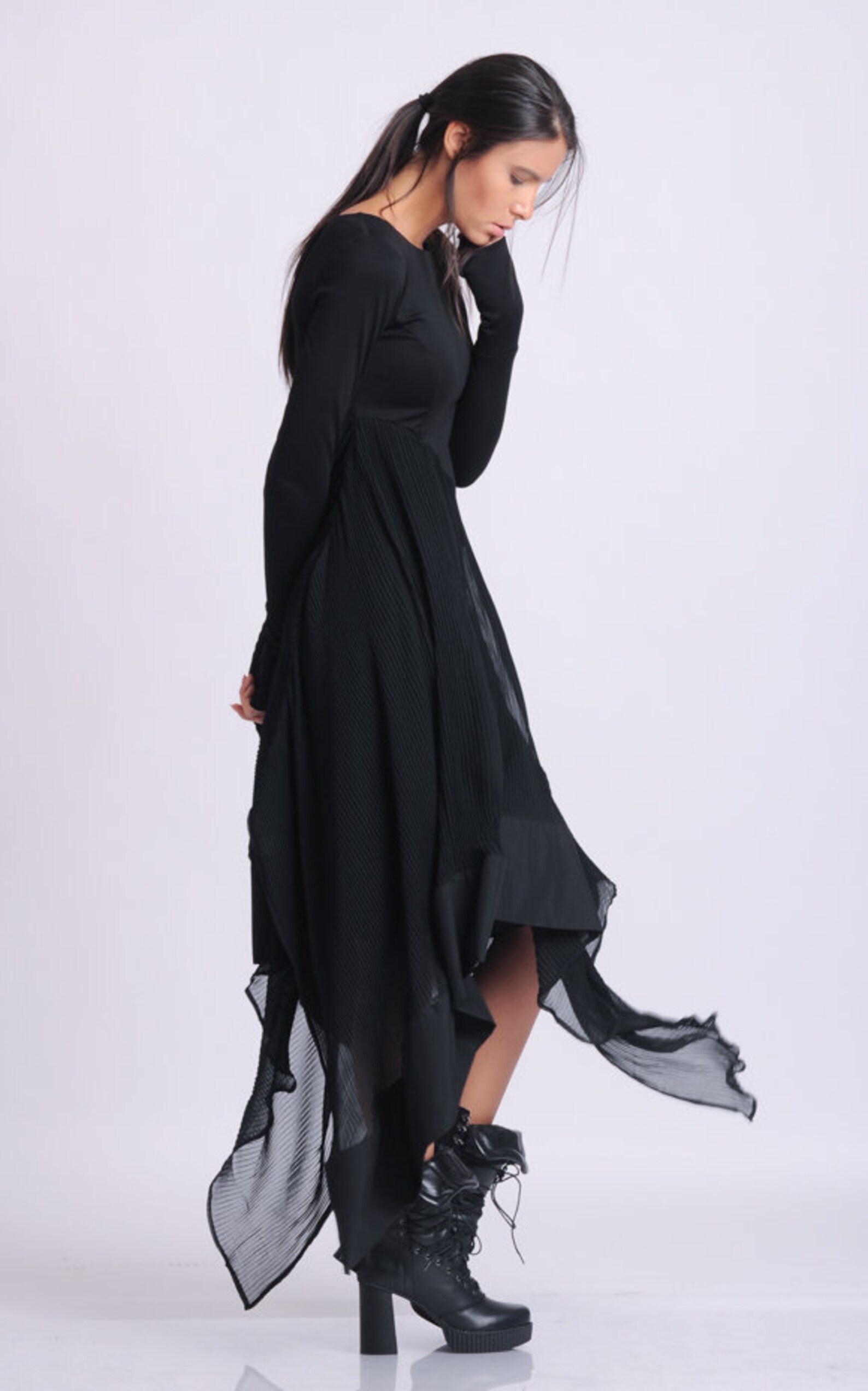 A-Line Pleated Chiffon Dress with Flutter Sleeves Black Plus Size