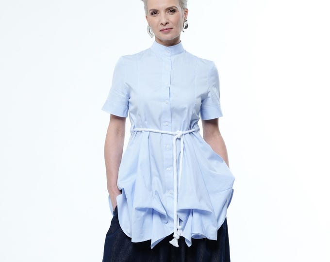 Belted Tunic Shirt With Drapings in Blue / Extravagant Tunic With Rope Belt - METWB008