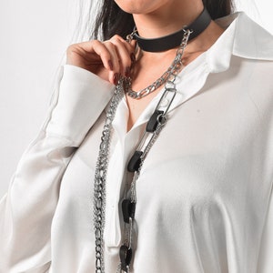 Choker Leather Womens / Extravagant Choker / Leather Choker Collar / Long Choker Necklace / Chain Necklace / Long Layered Necklace