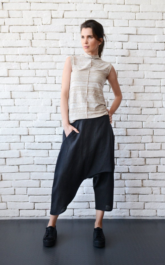 Black Linen Pants/asymmetric Loose Pants/linen Capris/loose - Etsy