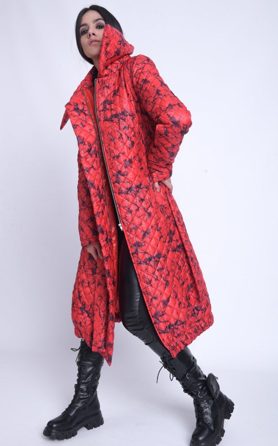 Long Loose Coat/Red Belted Jacket/Zipper Down Jacket/Casual Winter Coat/Warm Puffer Coat/Collared Puffy Coat/Red Down Coat METC0085