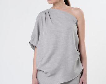 Asymmetric Open Shoulder Top / Cold Shoulder Gray Top - METT0279-Gray