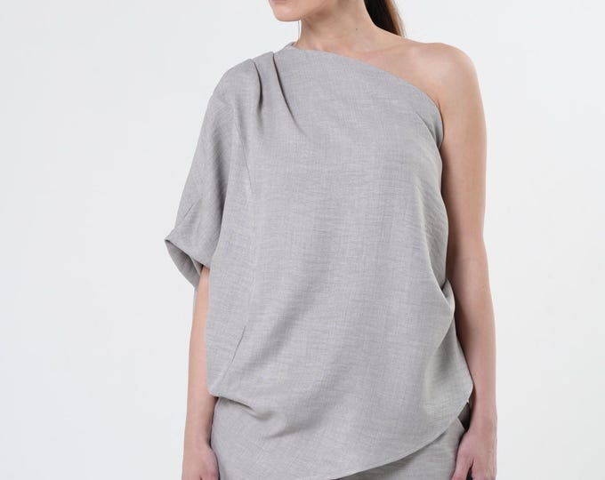 Asymmetric Open Shoulder Top / Cold Shoulder Gray Top - METT0279-Gray