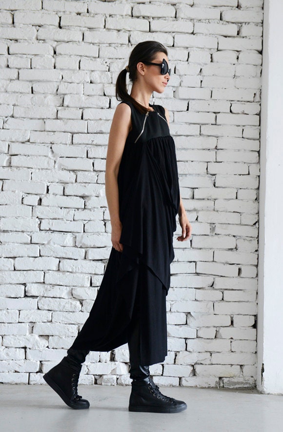 Long Asymmetrical Tunic / Draped Tunic / Black Zipper Dress / | Etsy