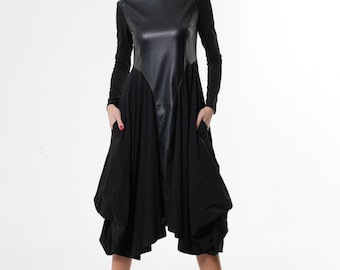 Faux Leather Dress / Asymmetric Dress / Midi Long Sleeve Dress / Women Leather Dress / Loose Fit Dress / Womens Fall Dress METD0223