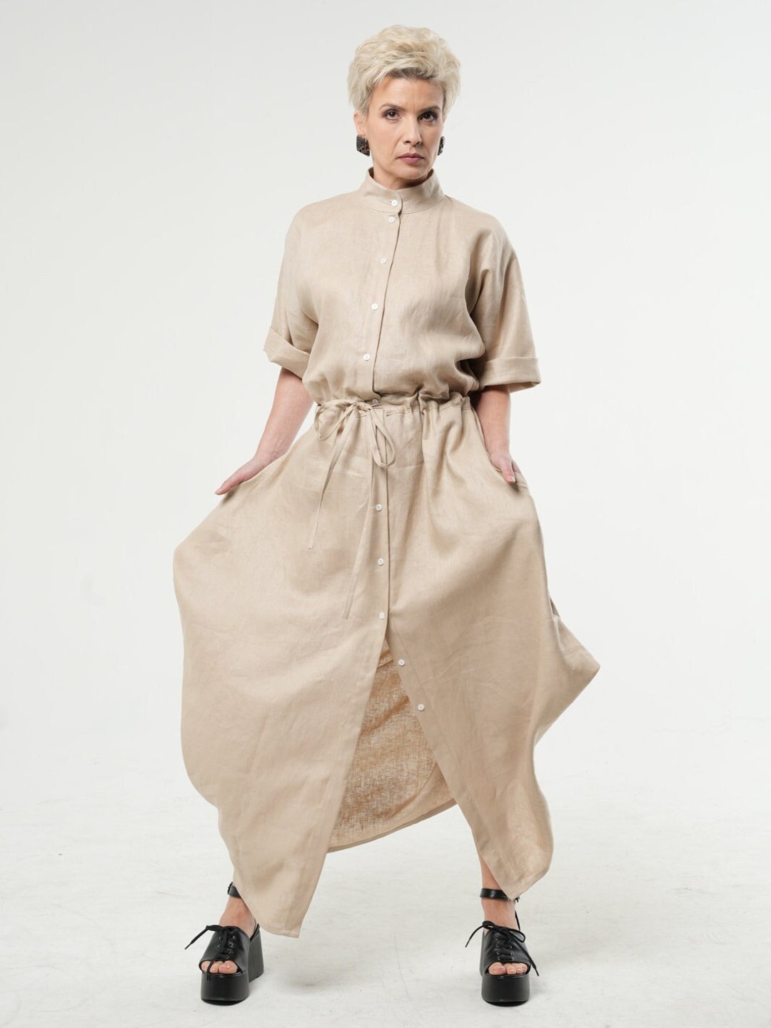 Linen Shirt Dress Light Beige