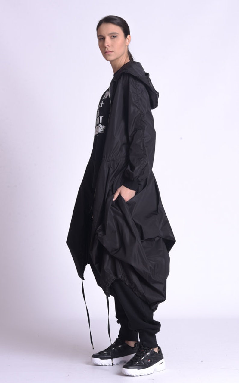 Black Long Raincoat / Hooded Raincoat Women / Oversize Jacket / Plus Size Clothing image 3