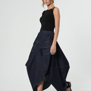 Extravagant Maxi Denim Skirt / Long Skirt With Pockets / Jeans Maxi Skirt / Asymmetrical Line Skirt / Cargo Style Pockets Skirt image 6