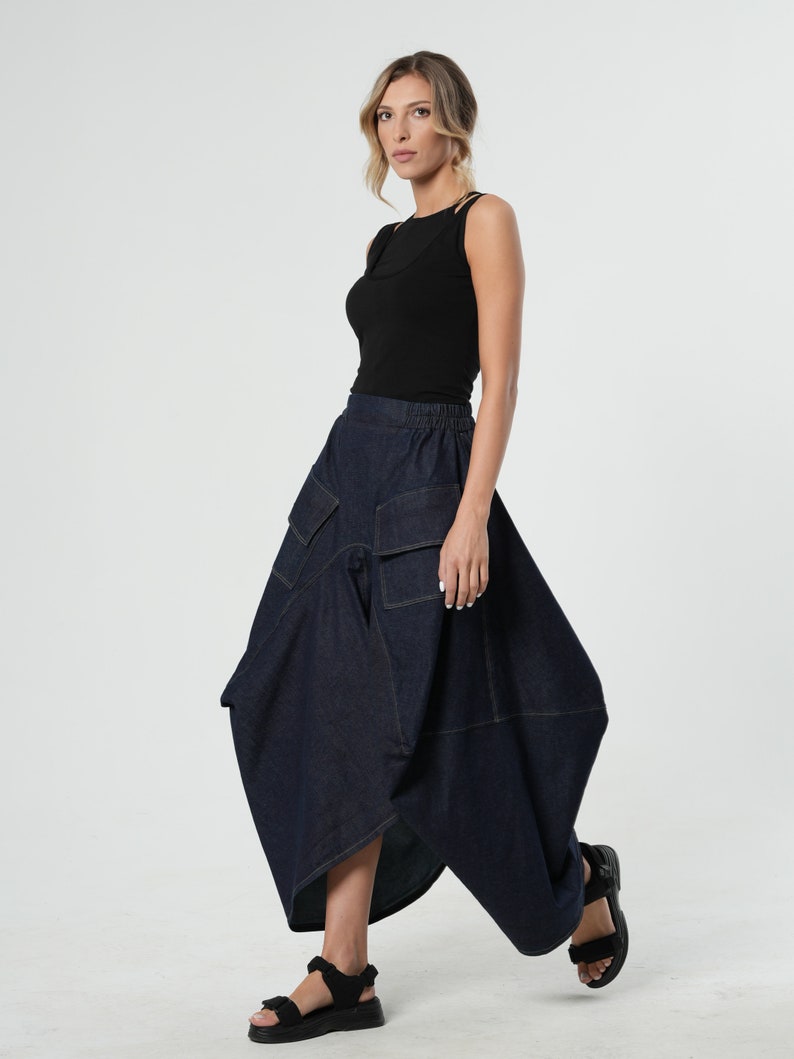 Extravagant Maxi Denim Skirt / Long Skirt With Pockets / Jeans Maxi Skirt / Asymmetrical Line Skirt / Cargo Style Pockets Skirt image 6