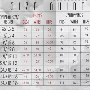 May include: Size guide chart with measurements in inches and centimeters for different sizes of clothing. The chart includes bust, waist, and hip measurements for sizes XS to 5XL.
