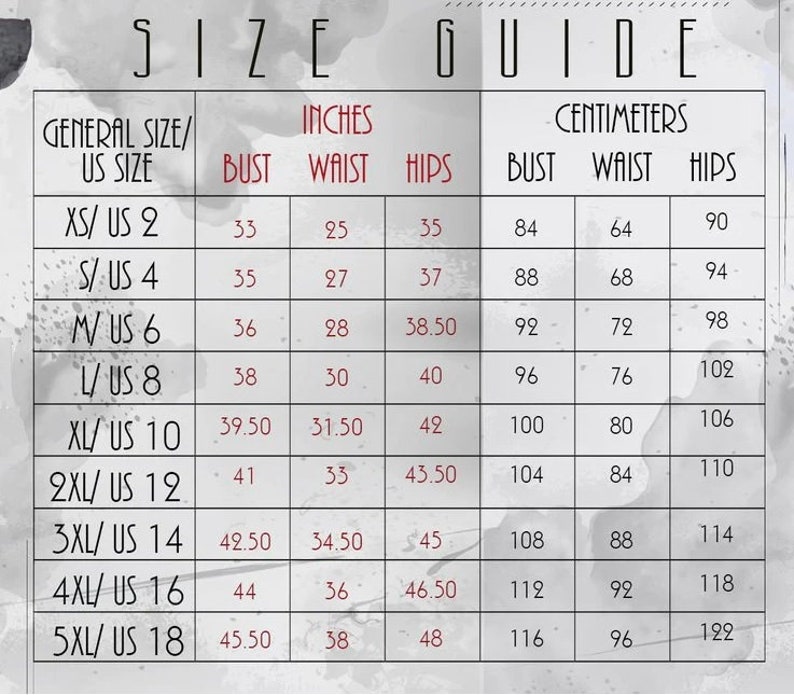 May include: Size guide chart with measurements in inches and centimeters for different sizes of clothing. The chart includes bust, waist, and hip measurements for sizes XS to 5XL.
