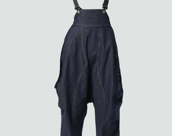 Loose Denim Jumpsuit / Harem Pants / Denim Jumpsuit With Pockets / Wide Leg Jumpsuit / Soft Dark Denim / Oversize Jumpsuit