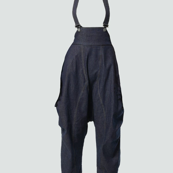 Loose Denim Jumpsuit / Harem Pants / Denim Jumpsuit With Pockets / Wide Leg Jumpsuit / Soft Dark Denim / Oversize Jumpsuit