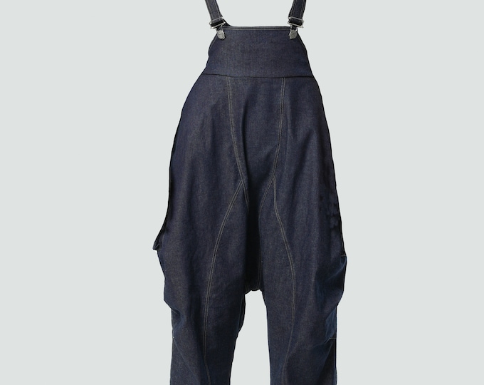 Loose Denim Jumpsuit / Harem Pants / Denim Jumpsuit With Pockets / Wide Leg Jumpsuit / Soft Dark Denim / Oversize Jumpsuit METP0110