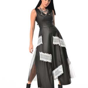 Black Vegan Leather Dress with Tulle and Lace / Extravagant Leather Dress - METD0212