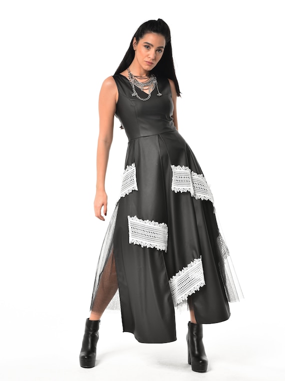 Black Vegan Leather Dress With Tulle and Lace / Extravagant Leather Dress - METD0212 - Etsy Norway Black Vegan Leather Dress With Tulle and Lace / Extravagant Leather Dress - METD0212 - Etsy Norway