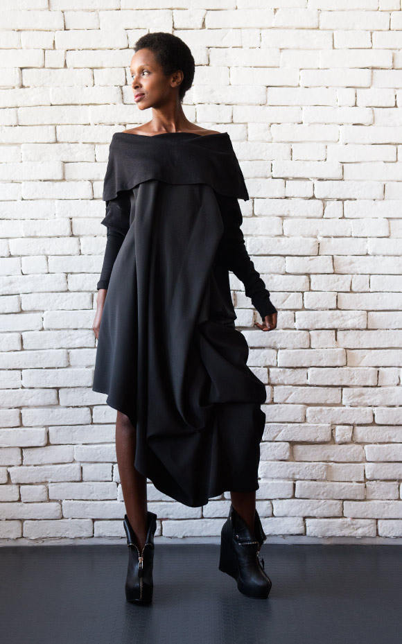 Asymmetric Black Dress/maxi Black Dress/loose Casual Dress