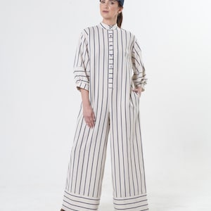 Maxi Jumpsuit on Blue Stripes / Oversize Overall / Linen Set - METJ0028_Blue