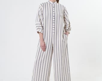 Maxi Jumpsuit on Blue Stripes / Oversize Overall / Linen Set - METJ0028_Blue