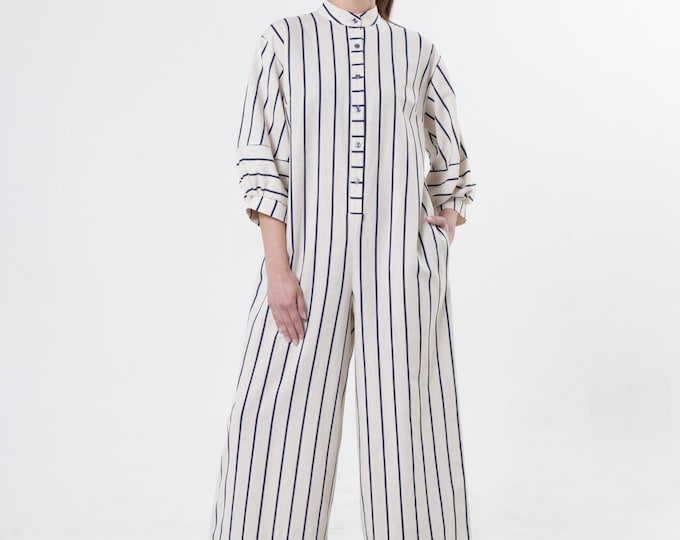 Maxi Jumpsuit on Blue Stripes / Oversize Overall / Linen Set - METJ0028_Blue