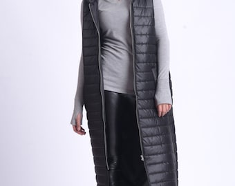 Black Plus Size Vest/Casual Black Coat/Sleeveless Long Coat/Black Puffy Coat/Hooded Long Coat/Warm Cozy Vest/Black Top METC0082