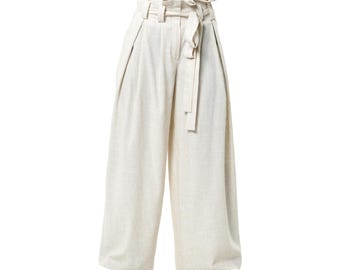 Paperbag High Waist Pants With Linen In Beige - Viscose Summer Trousers METP0147