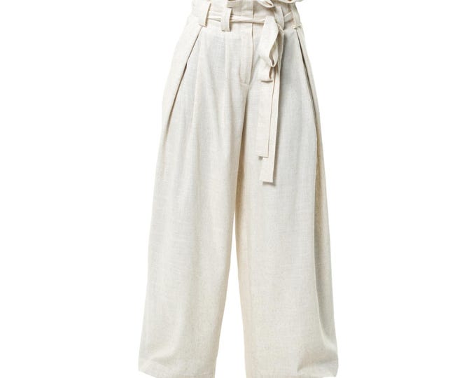 Paperbag High Waist Pants With Linen In Beige - Viscose Summer Trousers METP0147
