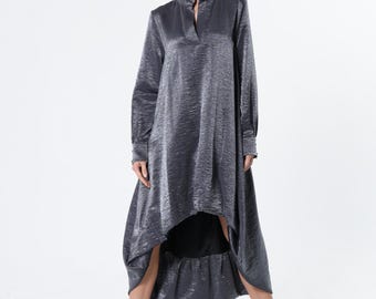 Shiny High-Low Dress - Asymmetric Metallic Shirt Dress METD0269
