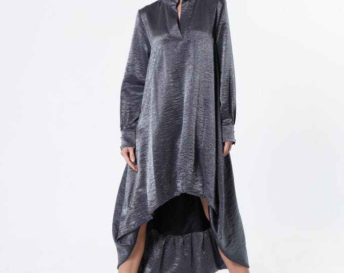 Shiny High-Low Dress - Asymmetric Metallic Shirt Dress METD0269