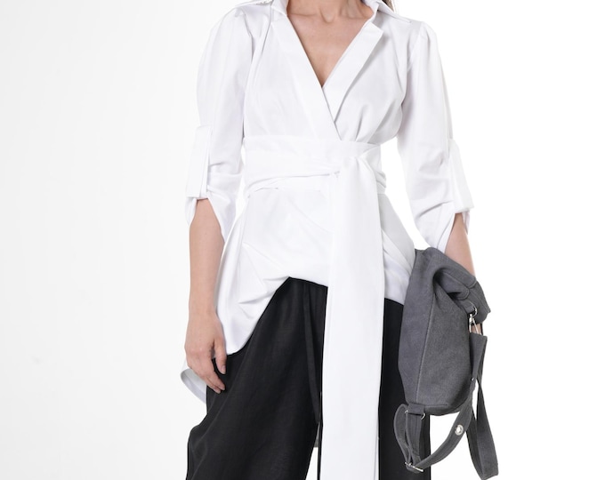 Oversize Belted Shirt In White / Asymmetrical Tunic Shirt METSh0003