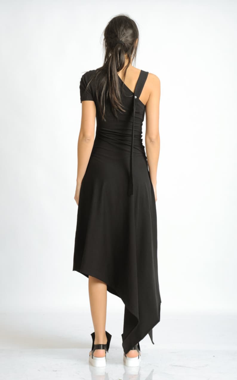 Black Asymmetric Dress/Extravagant Loose Dress/Oversize Long Tunic with One Sleeve/Dress with Studs/Casual Black Dress METD0121 image 7