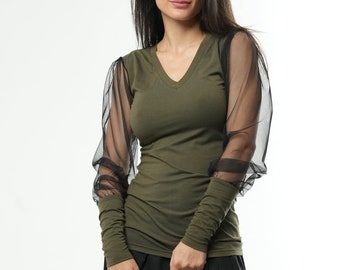 NEW Sheer Mesh Top / Transparent Top / Womens Mesh Top / See Through Top / Elegant Blouse / Olive Green Blouse / Olive Green Top