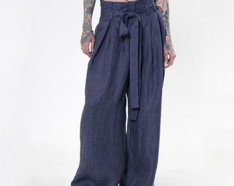 Linen Denim Wide-Leg Pants - Blue Straight Trousers METP0142