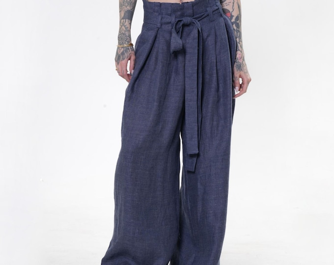 Linen Denim Wide-Leg Pants - Blue Straight Trousers METP0142