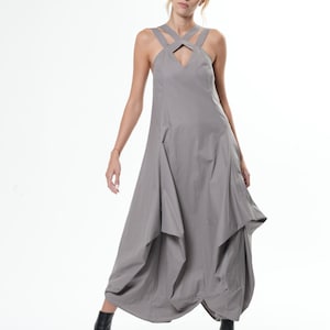 Long Sleeveless Gray Dress With Straps and Keyhole Neck   METD0190