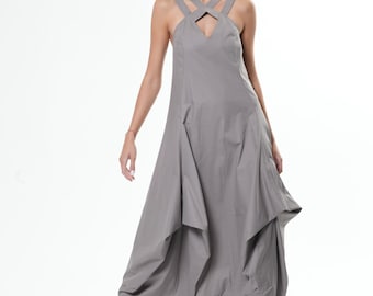 Long Sleeveless Gray Dress With Straps and Keyhole Neck   METD0190