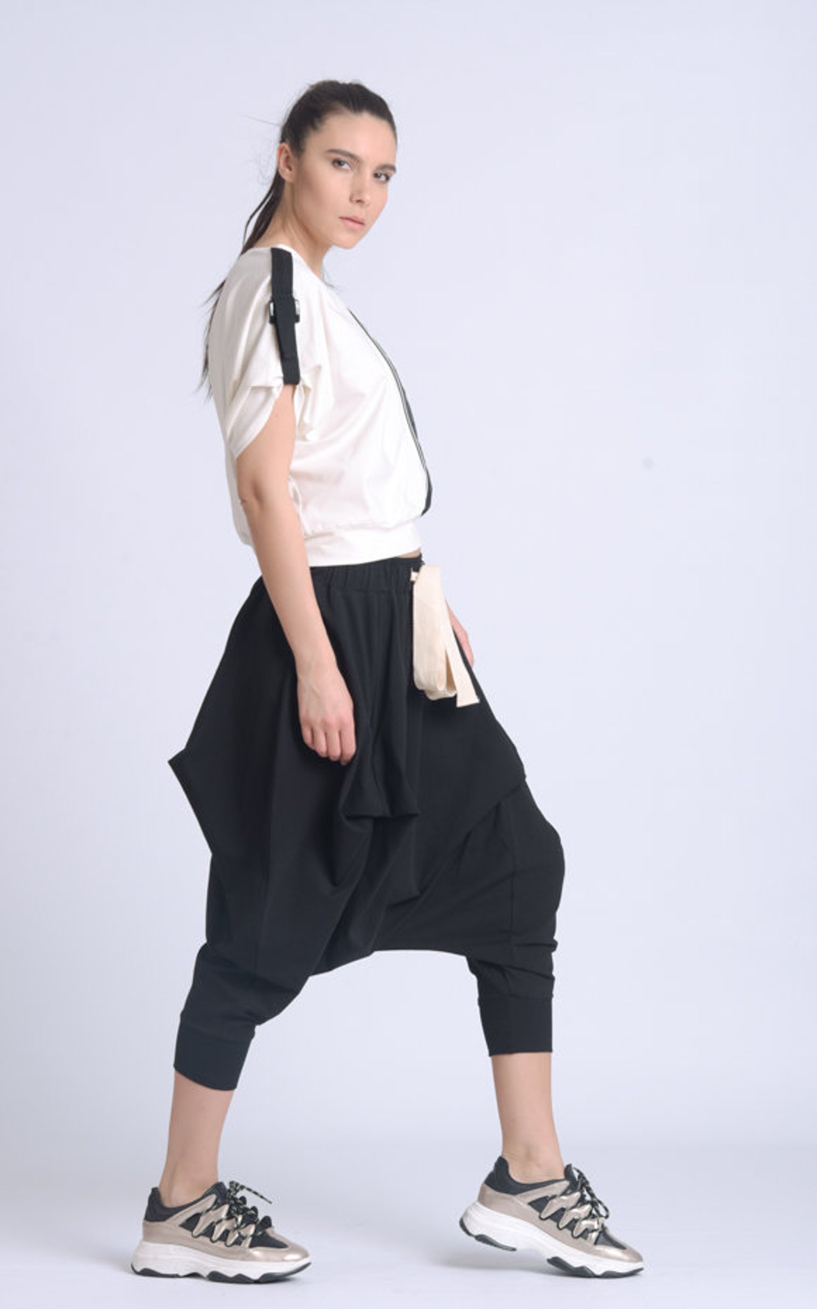 Casual High Waisted Loose Wide Leg Black Harem Pants