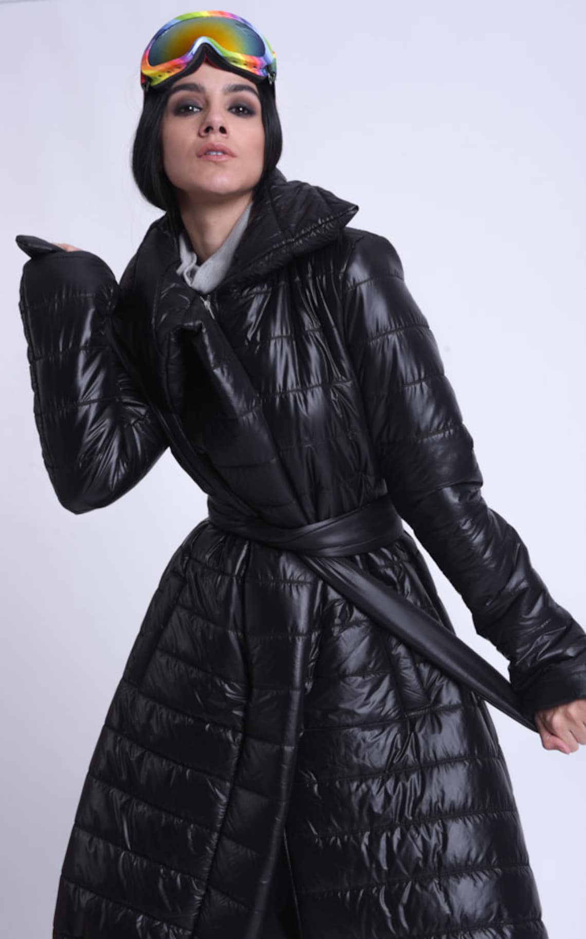 long shiny black coat